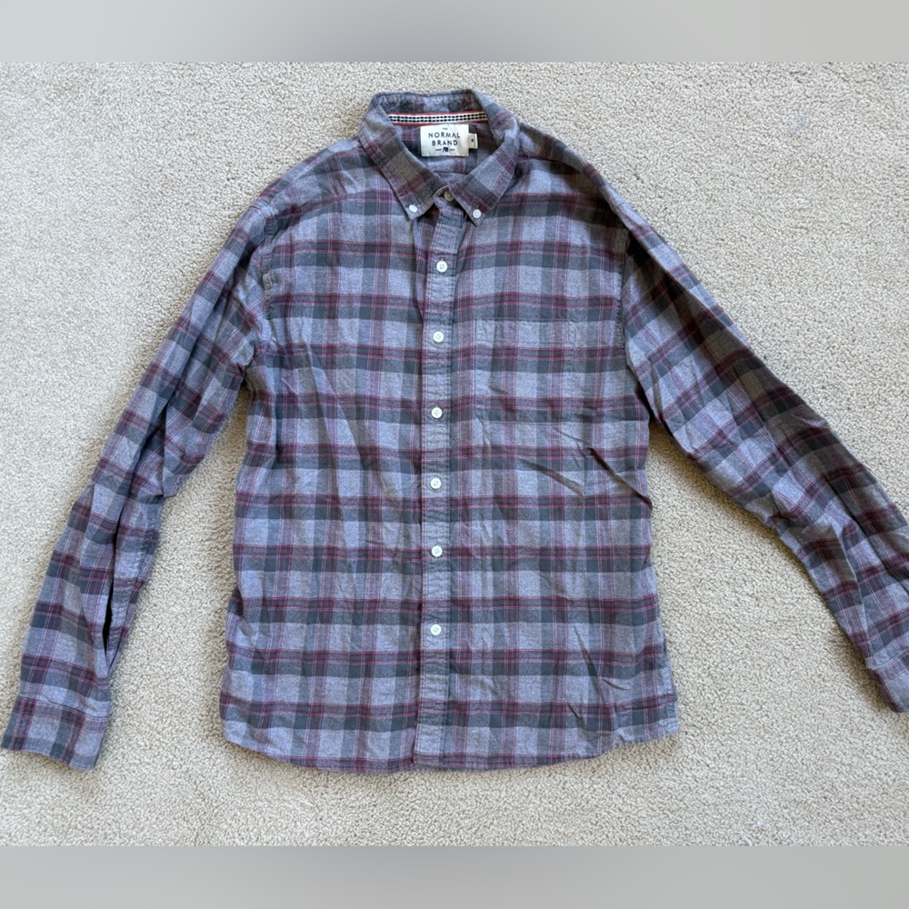 The Normal Brand Plaid Button Down Shirt Medium Gray Red Long Sleeve
